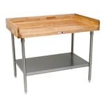 John Boos 1 and Three Fourths Inch Wood Tables w Coved Riser Lower Shelf and Stainless Legs
