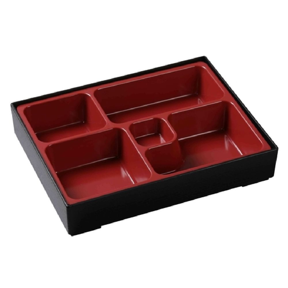 Yanco CR-610 Black & Red 5 Sushi Compartment / Bento Box, Melamine, Matte, Pack of 6