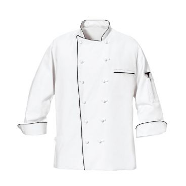 Uncommon Threads 0453EC-2507 12-Button Long Sleeve Versailles Chef Coat with Black Piping, White - Triple Extra Large