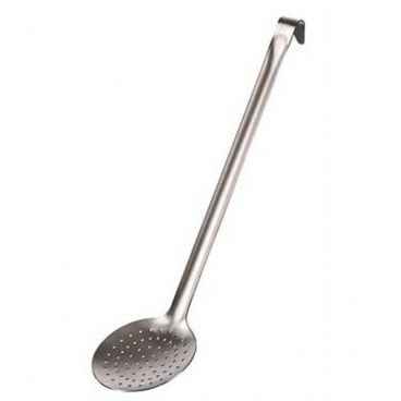 Matfer 112061 3 1/8" x 10 5/8" Stainless Steel One Piece Skimmer With Curved Handle And 1/8" Diameter Holes