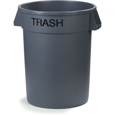 Carlisle 341032TRA23 Gray 32 Gallon Round Polyethylene Bronco "TRASH" Imprinted Waste Container With Comfort Curve Handles