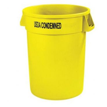 Carlisle 341032USDA04 Yellow 32 Gallon Round Polyethylene Bronco "USDA CONDEMNED" Imprinted Waste Container With Comfort Curve Handles
