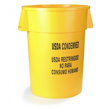 Carlisle 341044USD04 Yellow 44 Gallon Round Polyethylene Bronco Bilingual "USDA CONDEMNED" Imprinted Waste Container With Comfort Curve Handles
