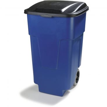 Carlisle 34505014 Blue 50 Gallon Square Polyethylene Bronco Roll-Away Waste Container With Oversize Traction Wheels And Hinged Lid