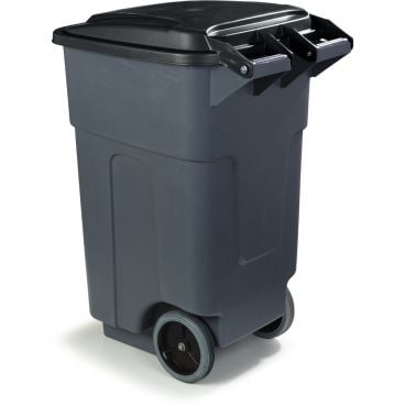 Carlisle 34505023 Gray 50 Gallon Square Polyethylene Bronco Roll-Away Waste Container With Oversize Traction Wheels And Hinged Lid