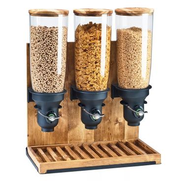 Cal-Mil 3576-3-99FF 19 1/4" Wide Triple 5-Liter Clear Plastic Cylinder Free-Flow Madera Cereal Dispenser With Reclaimed Wood Base