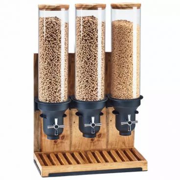 Cal-Mil 3584-3-99 19 1/4" Wide Triple 4.5-Liter Clear Plastic Cylinder Turn And Serve Madera Cereal Dispenser With Reclaimed Wood Base
