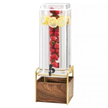 Cal-Mil 3703-3-46 Mid-Century 3 Gallon Square 24" x 10" x 8 1/4" Beverage Dispenser with Walnut and Brass Base and Ice Chamber
