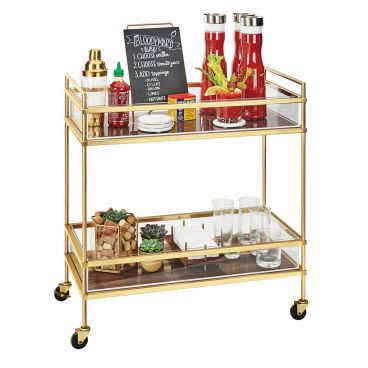 Cal-Mil 3719-46 Mid-Century Brass Beverage Cart with 2 Walnut Shelves - 27" x 16" x 36"