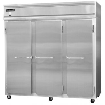 Continental Refrigerator 3F-LT-SA 78" Low Temp Reach-In Freezer With 3 Full-Height Solid Doors And Aluminum Interior, 70 Cubic Ft, 115/208-230 Volts