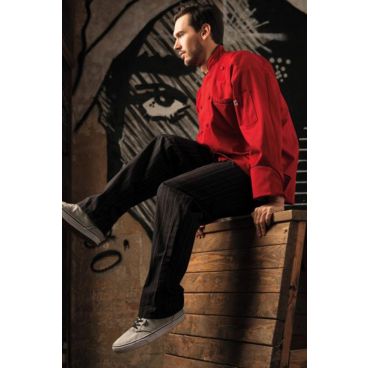 Uncommon Threads 4003-2702 Unisex Yarn-Dyed Straight-Leg Chef Pants with 2" Elastic Waist Band, Black with Red & White Pinstripes - Small