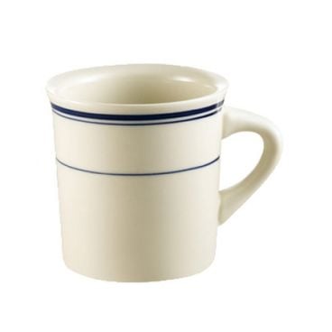 CAC BLU-38 8 oz. Ceramic Rolled Edge Blue Line Mug/American White