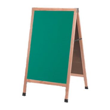 Aarco A-1G 42" x 24" Oak A-Frame Sign Board with Green Write-On Chalk Board