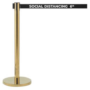 Aarco HB-7PBK Brass 40" "Social Distancing 6ft" Stanchion with 84" Black Retractable Belt