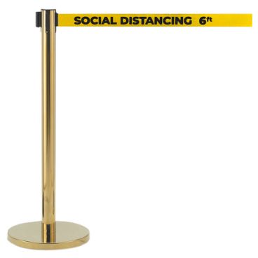 Aarco HB-7PYE Brass 40" "Social Distancing 6ft" Stanchion with 84" Yellow Retractable Belt
