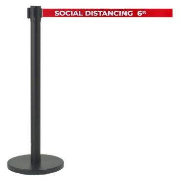 Aarco HBK-7PRD Black 40" "Social Distancing 6ft" Stanchion with 84" Red Retractable Belt