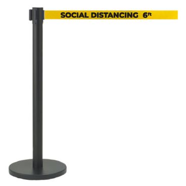 Aarco HBK-7PYE Black 40" "Social Distancing 6ft" Stanchion with 84" Yellow Retractable Belt