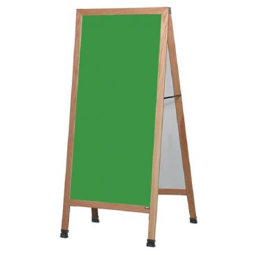 Aarco LA1G 68" x 30" Oak A-Frame Sign Board with Green Write-On Chalk Board