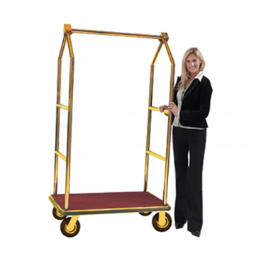 Aarco LC-2B-4P Rectangular Stainless Steel Brass Finish Luggage Cart with Clothing Rail - 42" x 24" Platform