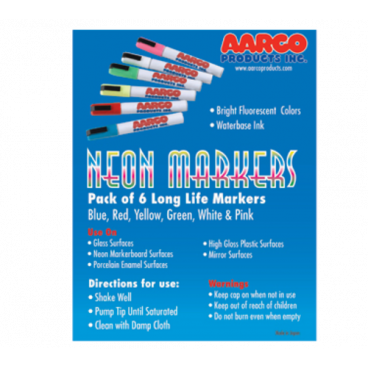 Aarco MFL-6 Neon Markers In Blue, Red, Yellow, Green, White, And Pink