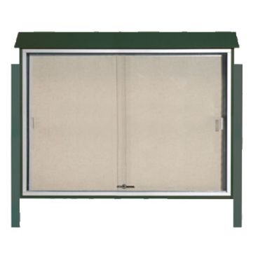 Aarco PLDS4052DPP-4 40" x 52" Green Outdoor Plastic Lumber Message Center with Vinyl Tackboard and Message Center Posts - Sliding Door