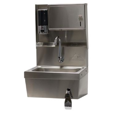 Advance Tabco 7-PS-82 17-1/4" W x 15-1/4" D 20 Gauge Stainless Steel Wall Mounted Hand Sink with 5" Deep Bowl, 8" Back Splash, and Soap and Towel Dispensers with Hands-Free Knee Valve Operated Faucet