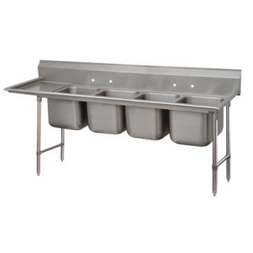 Advance Tabco 9-24-80-36L Four Compartment 129" Wide Regaline Sink With 36" Left Side Drainboard, Super Saver 900 Series