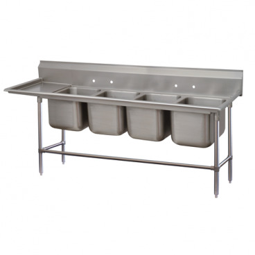 Advance Tabco 94-64-72-18L Four Compartment 103" Wide Regaline Sink With 18" Left Side Drainboard, Spec-Line 940 Series
