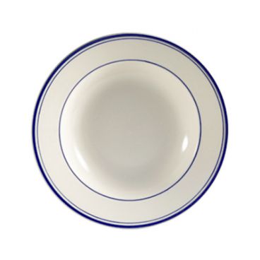 CAC China BLU-105 Blue Line 16 Oz. Ceramic American White Rolled Edge Pasta Bowl