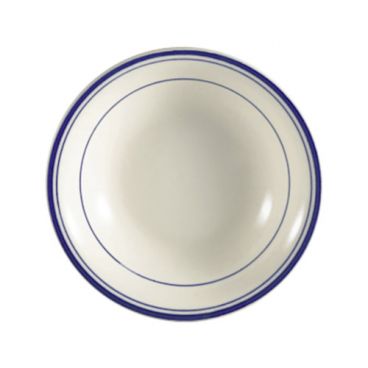 CAC China BLU-11 Blue Line 5 Oz. American White Ceramic Rolled Edge Fruit Dish