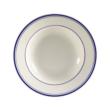 CAC China BLU-125 Blue Line 30 Oz. American White Ceramic Rolled Edge Pasta Bowl