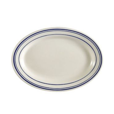 CAC China BLU-12 Blue Line 10.38" American White Ceramic Rolled Edge Oval Platter