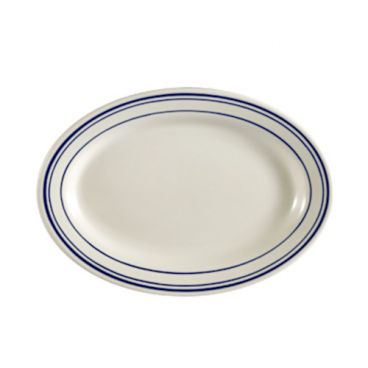 CAC China BLU-13 Blue Line 11.5" American White Ceramic Rolled Edge Oval Platter