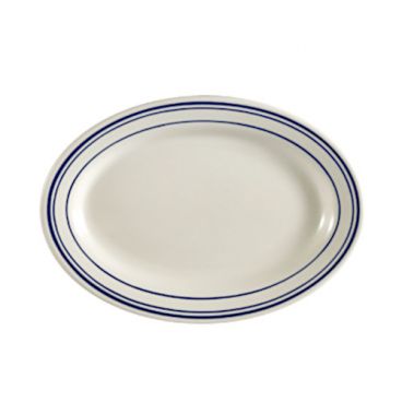 CAC China BLU-34 Blue Line 9.38" American White Ceramic Rolled Edge Oval Platter