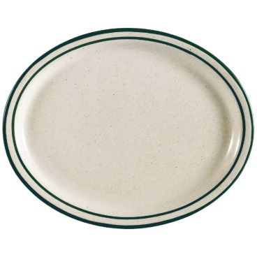 CAC China CES-12 Emerald Collection 9 1/2" Long x 7 1/4" Wide Oval 3/4" Tall Emerald Speckled / American White Stoneware Narrow Rim Platter