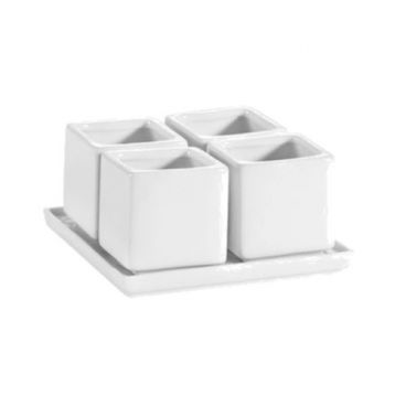 CAC China DT-SQ4 Gourmet Porcelain Square Tray and Four-Bowl Set, Super White