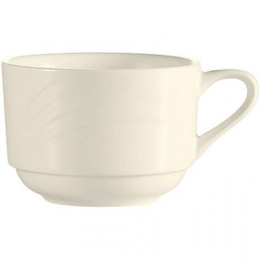 CAC China GAD-1-S Garden State Collection 3 1/2" Diameter Round 2 1/2" Tall 7 1/2 oz Capacity Stackable Embossed Porcelain Bone White Coffee Cup With Handle