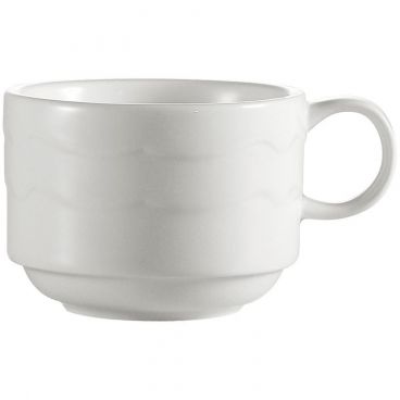 CAC China GBK-1-S Goldbook Collection 3 1/2" Diameter Round 2 3/8" Tall 8 oz Capacity Stackable Embossed Porcelain Bone White Coffee Cup With Handle
