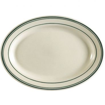 CAC China GS-12 Greenbrier Collection 10 3/8" x 7 1/8" Oval 1 1/4" Tall Rolled Edge Stoneware Ceramic Green Band / American White Platter