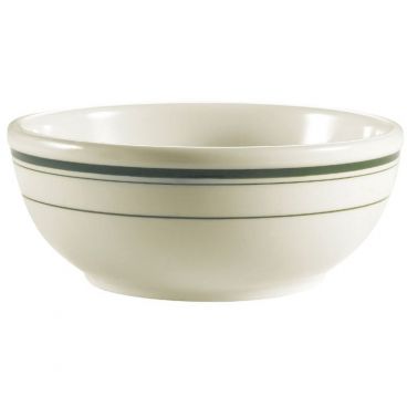 CAC China GS-15 Greenbrier Collection 5 5/8" Diameter Round 2" Tall 12 1/2 oz Capacity Rolled Edge Stoneware Ceramic Green Band / American White Nappie Bowl