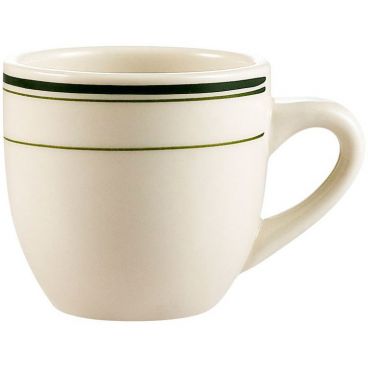 CAC China GS-35 Greenbrier Collection 2 1/2" Diameter Round 2 1/2" Tall 3 1/2 oz Capacity Stoneware Ceramic Green Band / American White Demitasse Cup