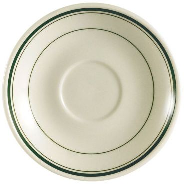 CAC China GS-36 Greenbrier Collection 4" Diameter Round 3/4" Tall Stoneware Ceramic Green Band / American White Saucer