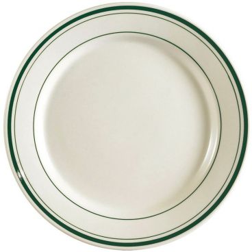 CAC China GS-5 Greenbrier Collection 5 1/2" Diameter Round 1/2" Tall Rolled Edge Stoneware Ceramic Green Band / American White Plate
