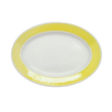 CAC China R-14-Y Rainbow 12.5" Yellow Stoneware Rolled Edge Oval Platter