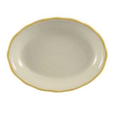 CAC China SC-12G Seville 9-5/8" American White Ceramic Scallop Edge Oval Platter With Gold Band
