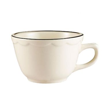 CAC China SC-1B Seville 7 Oz. American White Ceramic Scallop Edge Coffee Cup With Black Band