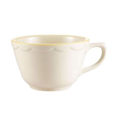 CAC China SC-1G Seville 7 Oz. American White Ceramic Scallop Edge Coffee Cup With Gold Band