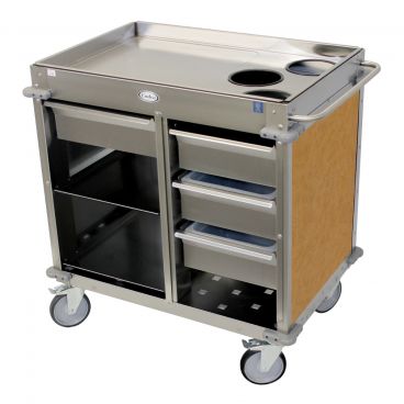 Cadco BC-4-L1 Chestnut MobileServ Back-Loading Stainless Steel Beverage Cart With 3 Air Pot Wells