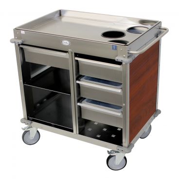Cadco BC-4-L5 Cherry MobileServ Back-Loading Stainless Steel Beverage Cart With 3 Air Pot Wells