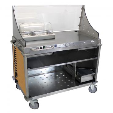 Cadco CBC-DC-L1 Chestnut Large Mobile Demo / Sampling Cart With 1 Hot Full Size Buffet Server And Removable Sneeze Guard, 120V, 300W